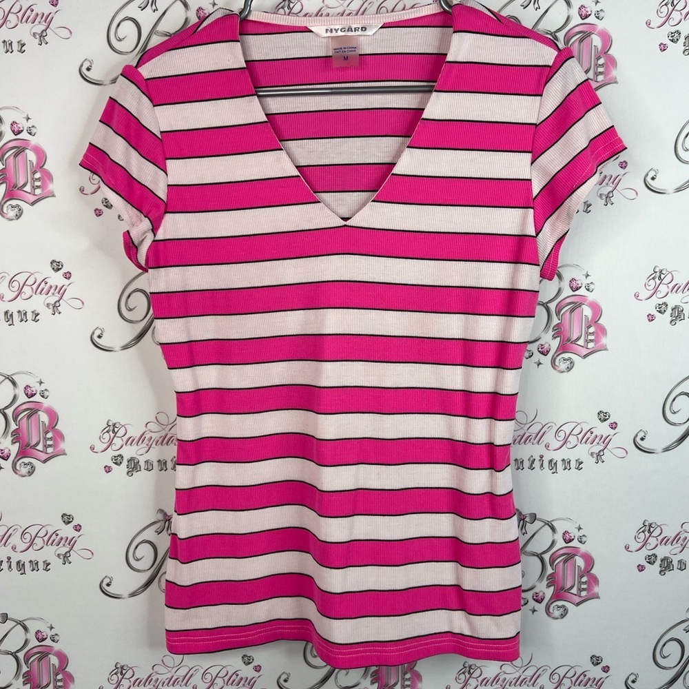 Nygaurd tshirt tee stripes candy black white V neck Pink Striped Women's Top